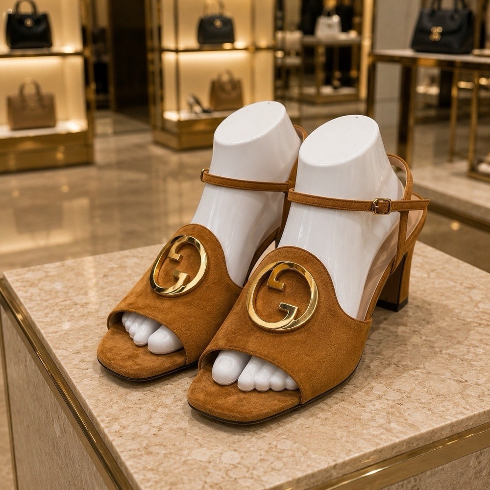 NEW Authentic Gucci Blondie GG Suede Ankle Strap Sandals‎ Heels Cognac EU40 US10